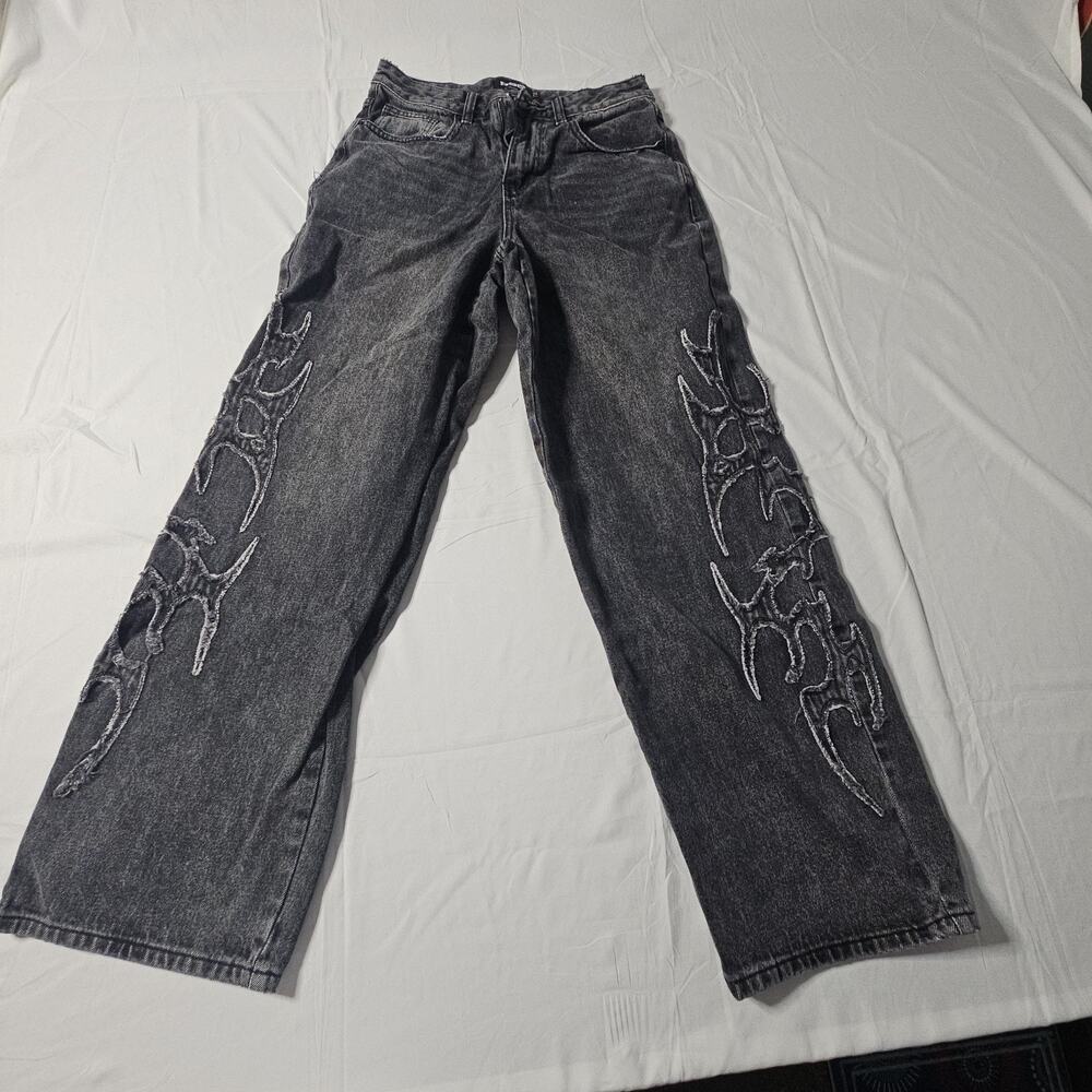 RSQ Washed Black FLAMES Appliqué EXTRA BAGGY Y2K Style Denim Jeans Size 29